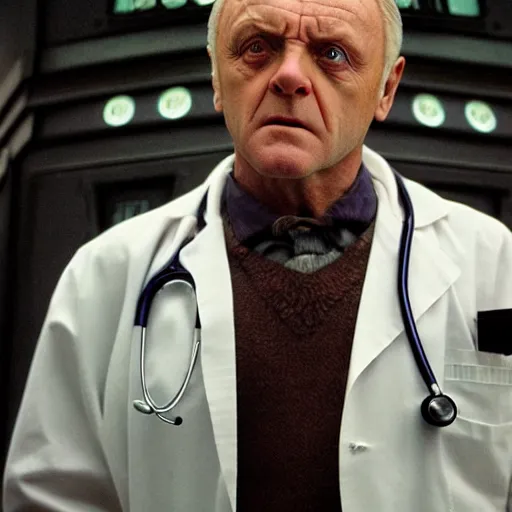 Prompt: high quality, extremely detailed photograph of young anthony hopkins as doctor who, directed by christopher nolan, 2 0 0 9