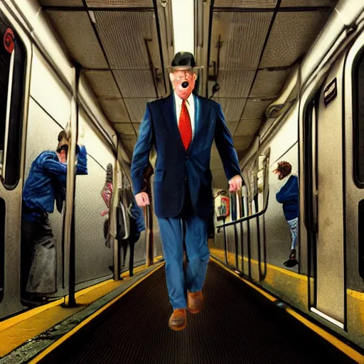 Image similar to mr ed runnning to catch the nyc subway, frantic, wearing a suit, style of norman rockwell, style of richard corben, ultra detailed, 8 k, rule of thirds, cinematic lighting.