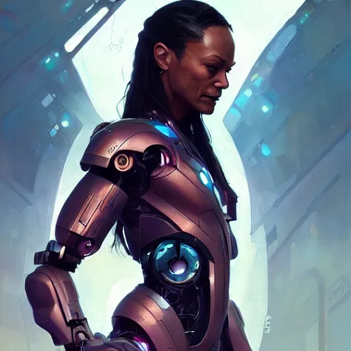 Image similar to cyborg Zoe saldana profile picture by Greg Rutkowski, dynamic pose, intricate, futuristic, fantasy, elegant, by Stanley Artgerm Lau, greg rutkowski, thomas kindkade, alphonse mucha, loish, norman Rockwell,