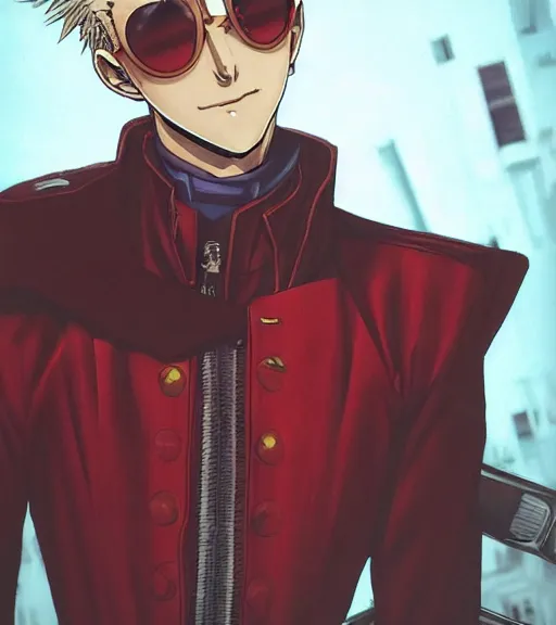 Prompt: detailed portrait vash the stampede from trigun by eisuke ogura and bengus, detailed face, blonde, small rounded sunglasses, protection in arms, udon comics style, trending artstation, detailed eyes, highly - detailed, trending cgsociety, unreal engine 5, octane render pencil and ink, city in the background, dark colors, intricate details