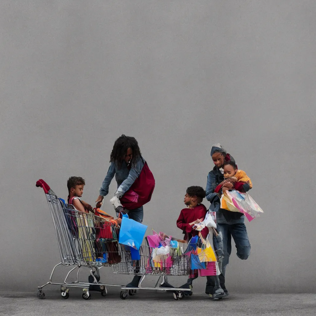 Image similar to homeless mother pushing a shopping cart with a child riding in it, in front of a blank wall, hyperrealistic