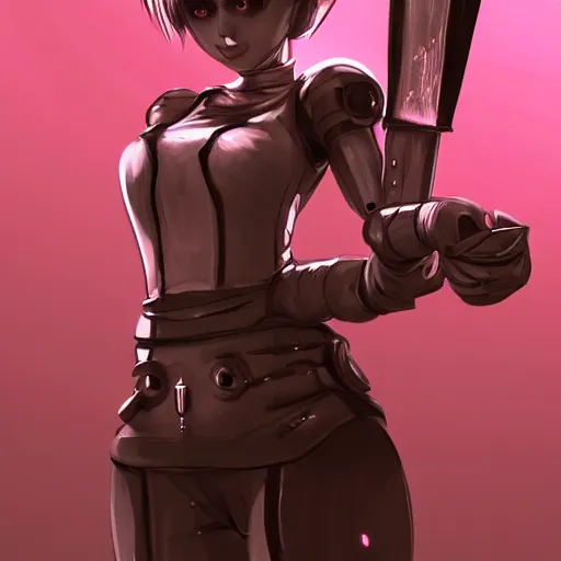 Prompt: a maid robot android girl holding a machete, with an emotionless expression, assassin character concept art, animesque style, cyberpunk vibes, digital painting, trending on artstation, highly detailed