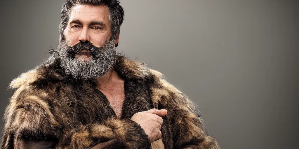 Prompt: high quality matte painting of a fantasy middle - aged burly lumberjack with a beard, dark hair, wearing a fur coat