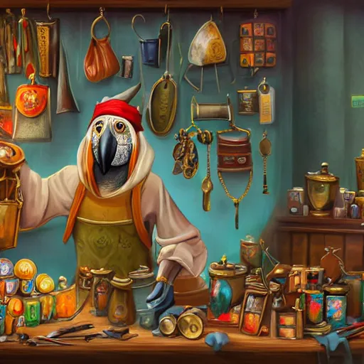 Image similar to Anthropomorphized parrot trader in his shop, selling his wares, portrait, items, gold, magic potions, carpet, window, sly expression , cunning expression, cute expression, long beak, presenting wares, holding a gold bag, D&D, fantasy, cinematic lighting, highly detailed, digital painting, artstation, concept art, smooth, sharp focus, illustration, warm light, cozy warm tint, magic the gathering artwork, volumetric lighting, 8k, art by Akihiko Yoshida, Greg Rutkowski