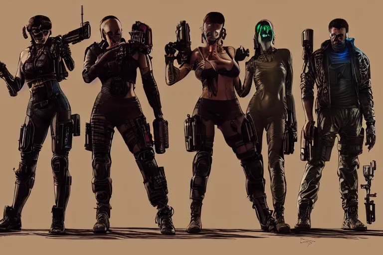 Image similar to cyberpunk blackops squad. portrait by stonehouse and mœbius and will eisner and gil elvgren and pixar. character design. realistic proportions. dystopian. cyberpunk 2 0 7 7 character art, blade runner 2 0 4 9 concept art. cel shading. attractive face. thick lines. the team. diverse characters artstationhq..