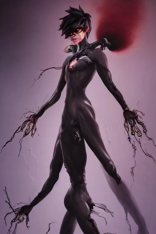 Image similar to dark full body painting of tracer from overwatch, in style of zdzisław beksinski, scary, horror, 4 k, feminine facial features, overwatch tracer character, horror, body horror, disturbing, detailed face, dressed in dark garment, black tendrils, tall, long legs,