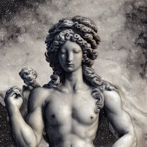 Prompt: tranquility of the endless stars, classical sculpture, ink wash, by Philip Geiger, by Michelangelo, ink on canvas, detailed, cool tones