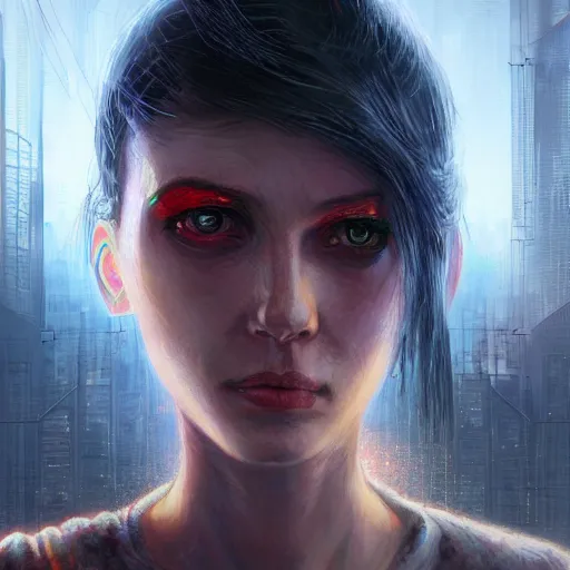 Image similar to molly from neuromancer, extremely detailed portrait of a young beautiful cyberpunk woman, eye implants, sunset, cyberpunk city background, megacity, gorgeous view, depth, painted by seb mckinnon, high detail, digital art, painted by greg rutkowski, trending on artstation