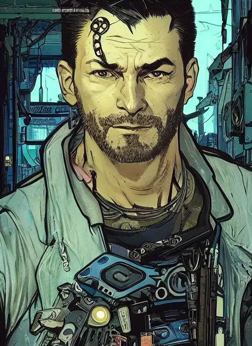 Image similar to cyberpunk pawnshop owner. portrait by ashley wood and alphonse mucha and laurie greasley and josan gonzalez and james gurney. splinter cell, apex legends, rb 6 s, hl 2, d & d, cyberpunk 2 0 7 7. realistic face. character clothing. vivid color. dystopian setting.