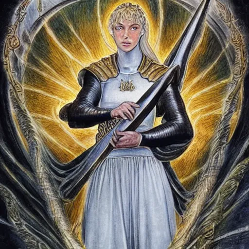 Image similar to jeanne d'arc in the style of william blake, terese nielsen, detailed, intricate, beautiful faces, steve argyle, triumphant fate, pastoral fantastic reality