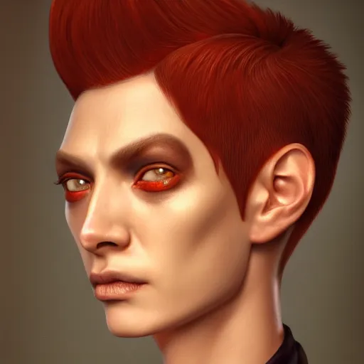 Image similar to portrait of a beautiful nonbinary model with tan skin and messy short red hair wearing a men's suit, pointed ears and copper eyes, cat-like, by Gerald Brom and Ross Tran, hyper-realistic, soft lighting, 4K, trending on artstation