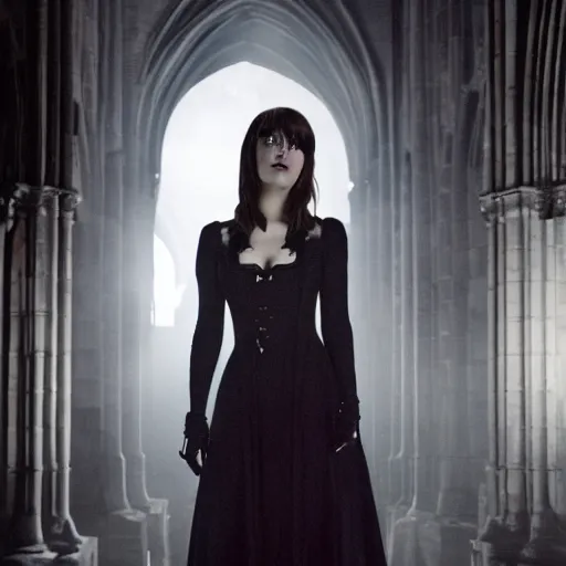 Image similar to mary elizabeth winstead as a vampire showing her fangs in a gloomy gothic cathedral at night