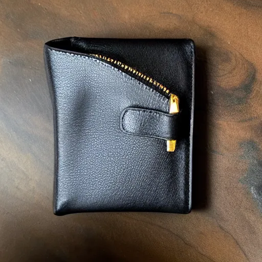 Prompt: black leather wallet with a gold zipper for a woman