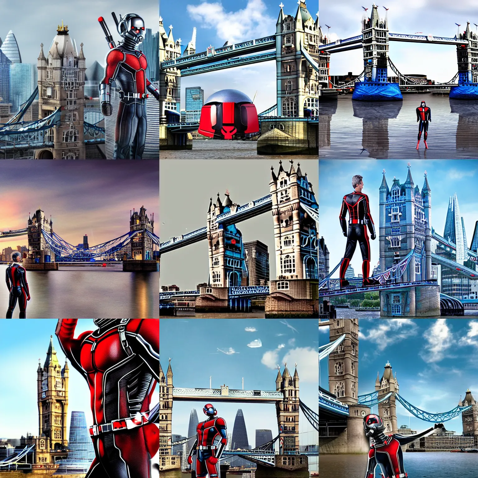 Prompt: Giant Ant-Man stands next to London (Tower Bridge), surrounded by people, digital art, trending on ArtStation, Gulliver's Travels