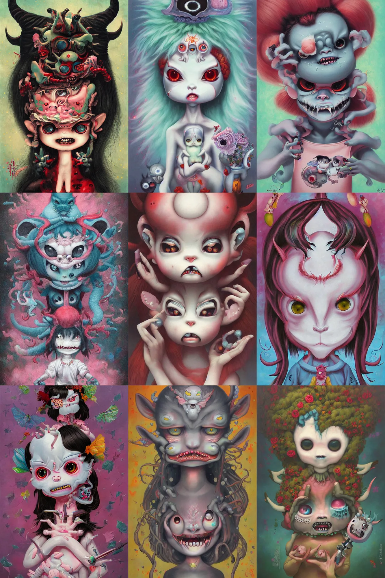 Prompt: digit painting of a cute, weird, cool oni demon by amy sol hikari shimoda, mark ryden