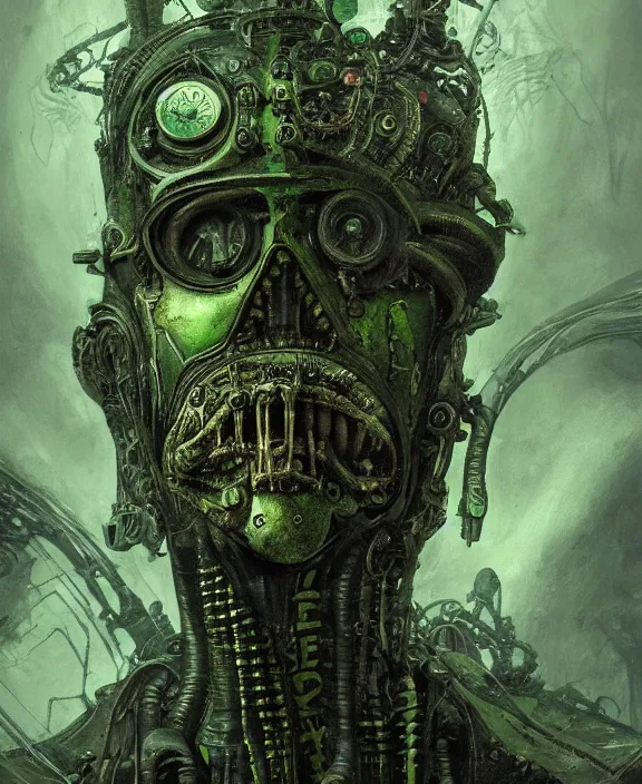 Image similar to a portrait of an evil green steampunk dark lord, by hr giger and beksinski and stephan martiniere, 4 k resolution, detailed, 3 d render, unreal engine, octane render, trending on artstation