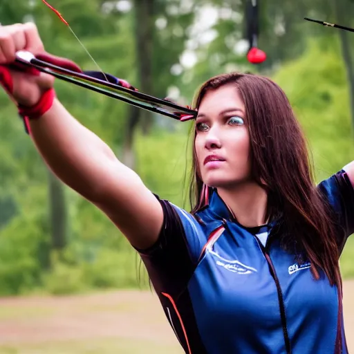 Prompt: photo realistic, a attractive sports woman in archery, pointing his bow, uhd 8 k, highly detailed