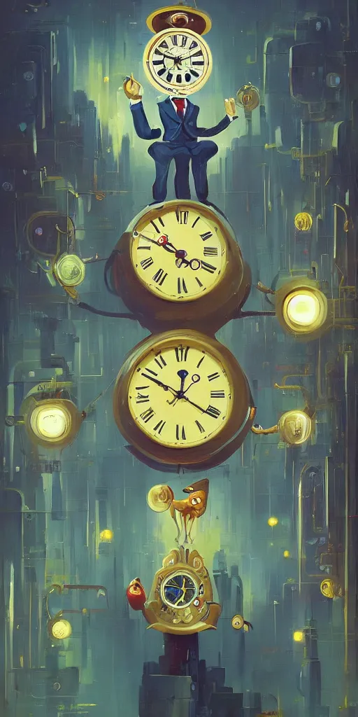 Image similar to a man in a business suit with a clock head, clock face, beautiful composition, symmetric, by paul lehr and cory loftis, masterpiece