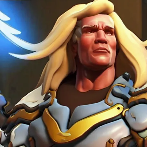 Image similar to a screenshot of arnold schwarzenegger as mercy in overwatch