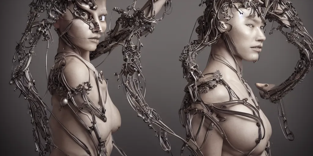 Image similar to hyper realistic photography of a stunningly beautiful cyborg female, plated arm, intimate, chest, holding close, ribbons, in the style of beth cavener, jin kagetsu,, and wlop, highly detailed, intricate filigree, symmetry, masterpiece, award winning, sharp focus, concept art, highkey lighting, ambient lighting, octane render, 8 k, artstation