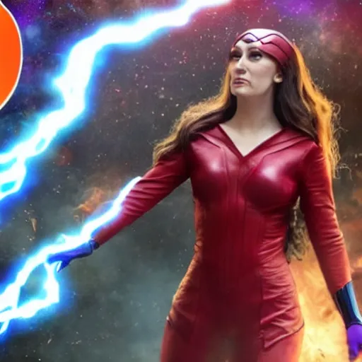 Prompt: human scarlet witch killing thanos with her red magic, hyper realistic