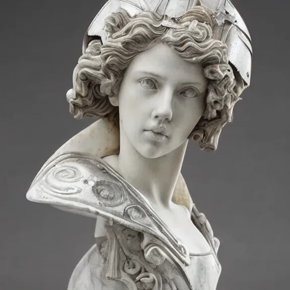 Prompt: a white art nouveau marble and silver sculptural bust of a worried young scarlett johansson as joan of arc, wearing plate armor, delicate, intricate, smooth, beautiful, by charles van der stappen