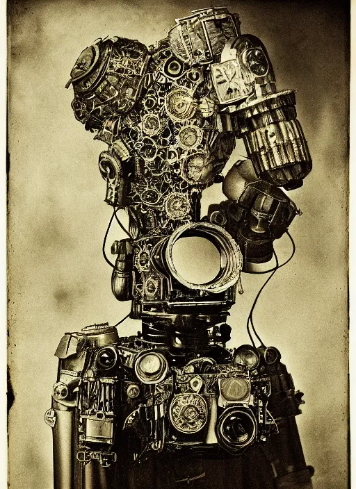 Image similar to old wetplate daguerreotype portrait of futuristic robot, dubbel negative exposure, explosion of data fragments, fractal, intricate, elegant, highly detailed, parallax, leica, medium format, subsurface scattering, by jheronimus bosch and greg rutkowski and louis jacques mande daguerre