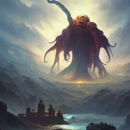 Image similar to gigantic cthulhu, small village for size comparison, dramatic light, painted by stanley lau, painted by greg rutkowski, painted by stanley artgerm, digital art, trending on artstation