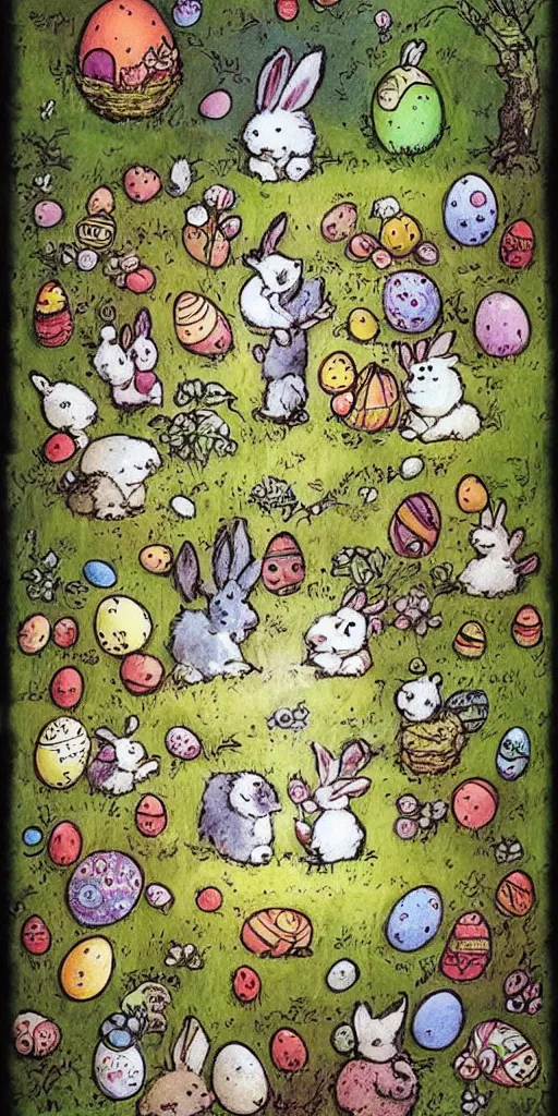Prompt: an easter scene with eggs and bunnies by alexander jansson and where's waldo in easter colors