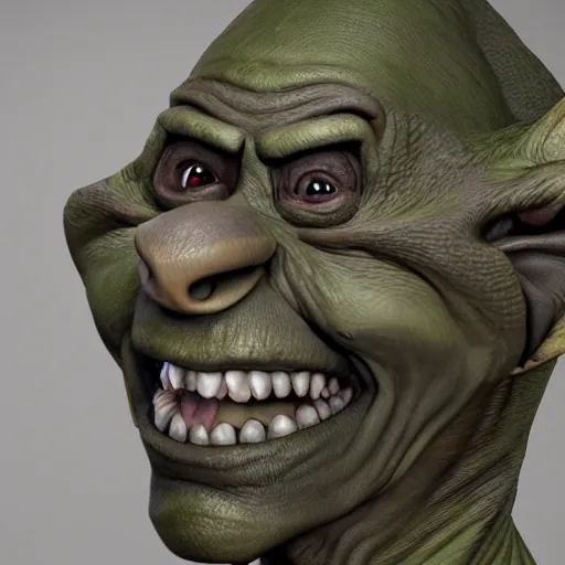 Prompt: portrait of a goblin. Green skin, pointy nose and evil grin. Detailed face. Photo 8K.