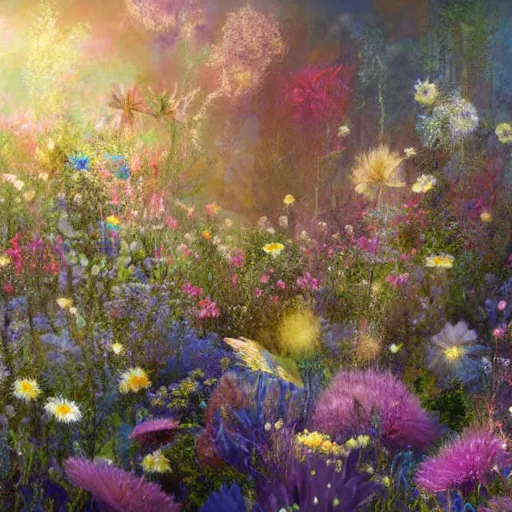 Prompt: This illustration is a large canvas, covered in a wash of color. In the center is a cluster of flowers, their petals curling and twisting in on themselves. The effect is ethereal and dreamlike, and the overall effect is one of serenity and peace. taupe, Pixar's 'Up' by Jeremy Mann, by Jeff Easley atmospheric, CGI