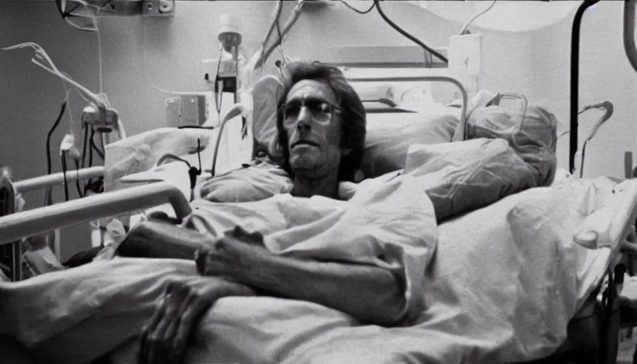 Prompt: 70s movie still of a ill skinny man in hospital, eastmancolor, heavy grain, high quality, higly detailed, liminal space