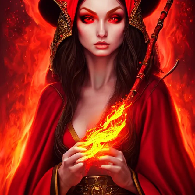 Prompt: beautiful elemental fire witch with ornate red robes and staff, highly detailed, 8 k, hdr, smooth, sharp focus, high resolution, award - winning photo, artgerm, photorealistic