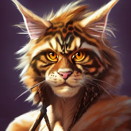 Image similar to portrait of a very cute fursona maine coon barbarian, muscular, wild, d & d, fantasy, intricate, full - length, cinematic lighting, highly detailed, digital painting, artstation, concept art, smooth, sharp focus, illustration, art by hajime sorayama