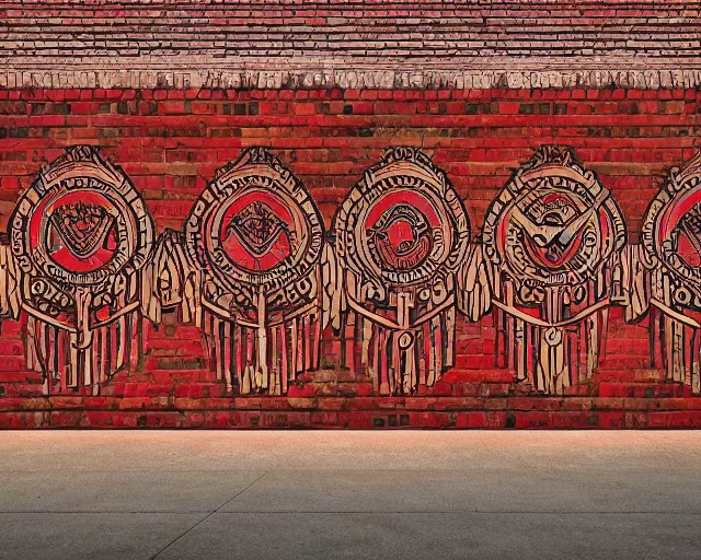 Prompt: photo of an outdoor mural from the early 1 9 0 0 s in the style of art nouveau, red curtains, art nouveau design elements, art nouveau ornament, brick wall, opera house architectural elements, painted on a brick wall, outdoor mural, mucha, masonic symbols, masonic lodge