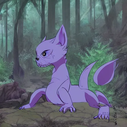 Image similar to concept art painting of an anthropomorphic purple gray hybrid reptile anime furry, in the deep forest, realistic, detailed, cel shaded, in the style of makoto shinkai and greg rutkowski and james gurney