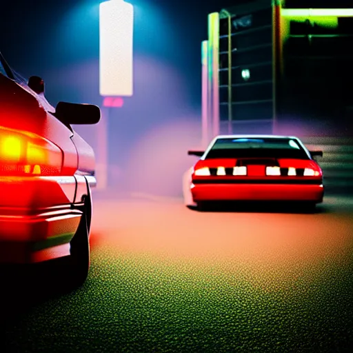 Image similar to a car JZX100 at illegal car meet, Saitama prefecture, city sunset mist neon lights, cinematic color, photorealistic, highly detailed, 200MM