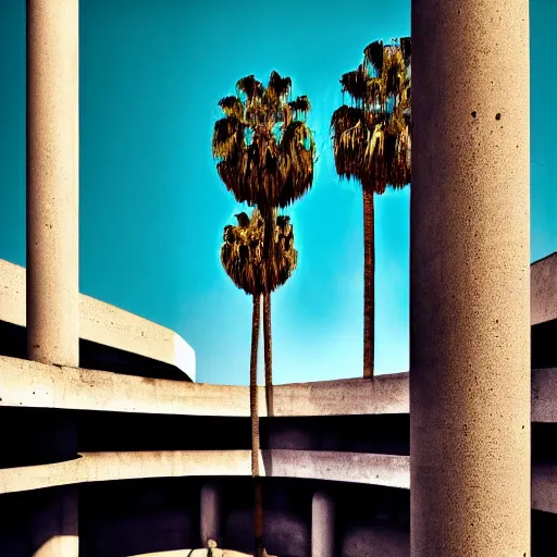 Image similar to noisy color photograph of a concrete underground retrofuturist liminal space, staggered terraces, centered palm tree growing out of concrete, deformations, minimalist, concrete sky, cinematic, soft vintage glow