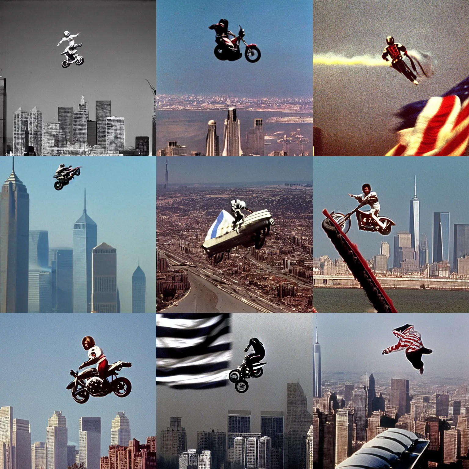 Prompt: evel knievel jumping over the twin towers