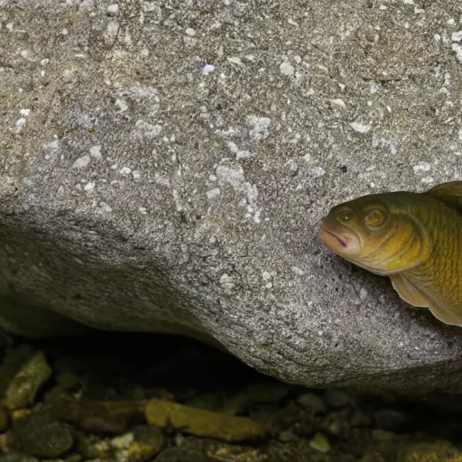 Prompt: an barely visible tench occluded by a stone