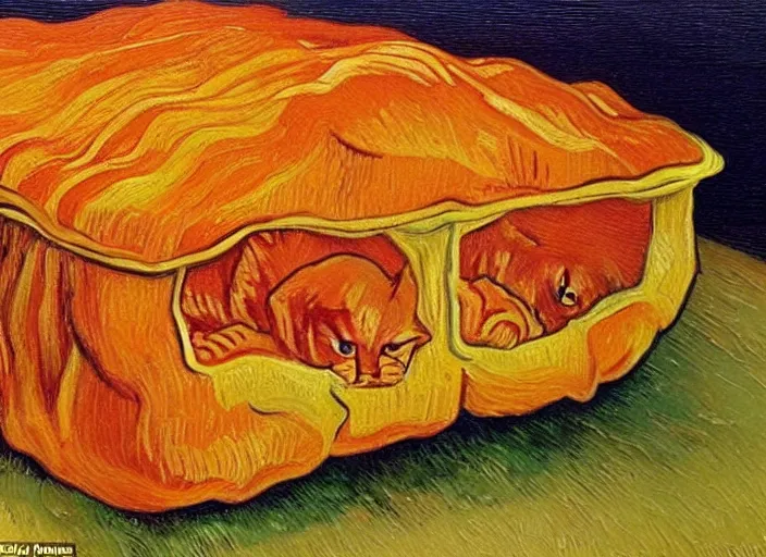 Image similar to detailed realistic realism painting of lasagna that looks like an orange tabby cat, at dusk, in the style of vincent van gogh and salvador dali and leonardo da vinci