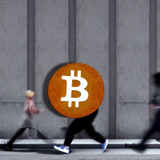 Prompt: people running away scared from a giant with bitcoin head, popart, hyper-realistic, 8k