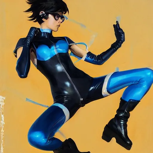 Prompt: greg manchess painting of tracer wearing a latex suit, medium shot, organic painting, sunny day, matte painting, bold shapes, hard edges, street art, trending on artstation, by huang guangjian and gil elvgren and sachin teng