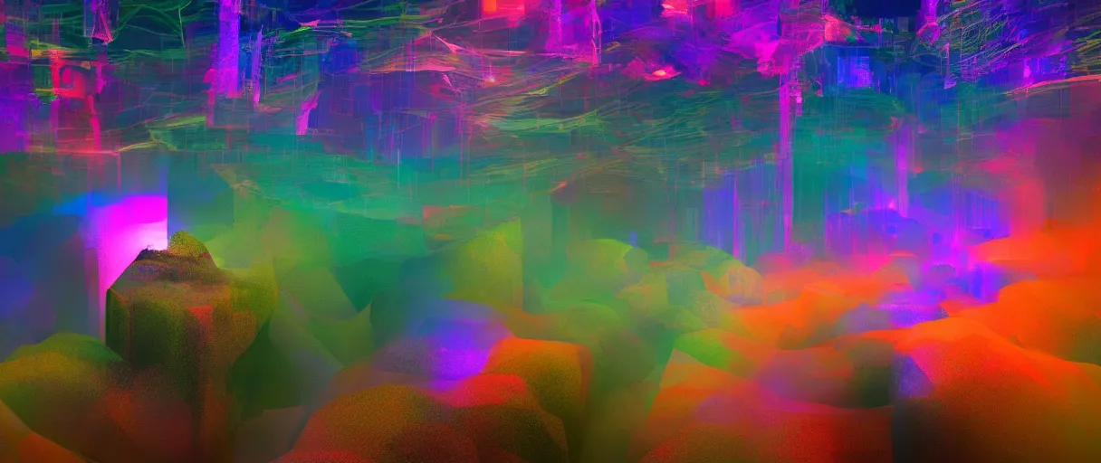 Image similar to dream landscape, simulation, glitch art, generative art, volumetric object, physical particles, translucence, cinematic lighting, iridescence, by ash thorpe