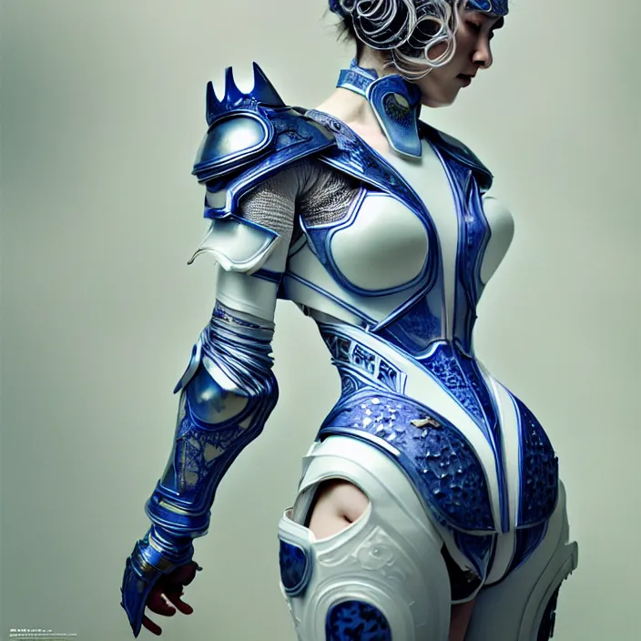 Image similar to porcelain cyborg armor, Chinese Blue and white porcelain, diffuse lighting, fantasy, intricate, elegant, highly detailed, lifelike, photorealistic, digital painting, artstation, illustration, concept art, smooth, sharp focus, art by John Collier and Albert Aublet and Krenz Cushart and Artem Demura and Alphonse Mucha