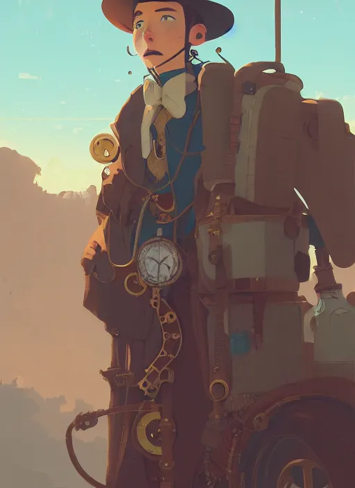 Prompt: detailed portrait of steampunk traveller, by cory loftis, atey ghailan, makoto shinkai, hasui kawase, james gilleard, beautiful, peaceful, calm