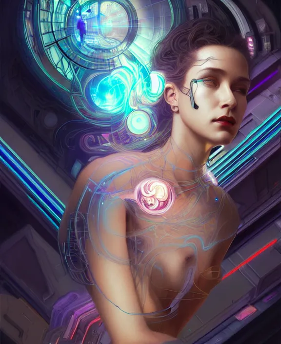 Image similar to a whirlwind of souls rushing inside the metaverse, hologram, half body, neurochip, shaved temple, piercing, jewelry, android, cyborg, cyberpunk face, by loish, d & d, fantasy, intricate, elegant, highly detailed, colorful, digital painting, artstation, concept art, art by artgerm and greg rutkowski and alphonse mucha