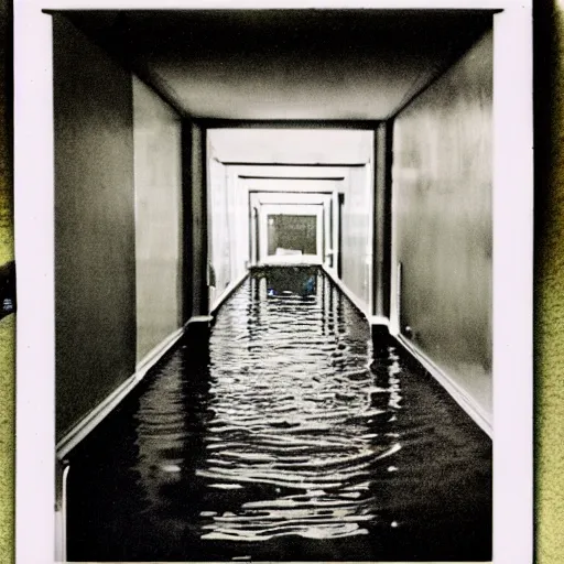 Image similar to a flooded hotel hallway leading to an indoor pool, polaroid, liminal space, surreal,