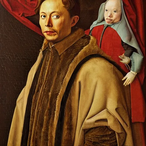 Prompt: portrait of elon musk, oil painting by jan van eyck, northern renaissance art, oil on canvas, wet - on - wet technique, realistic, expressive emotions, intricate textures, illusionistic detail