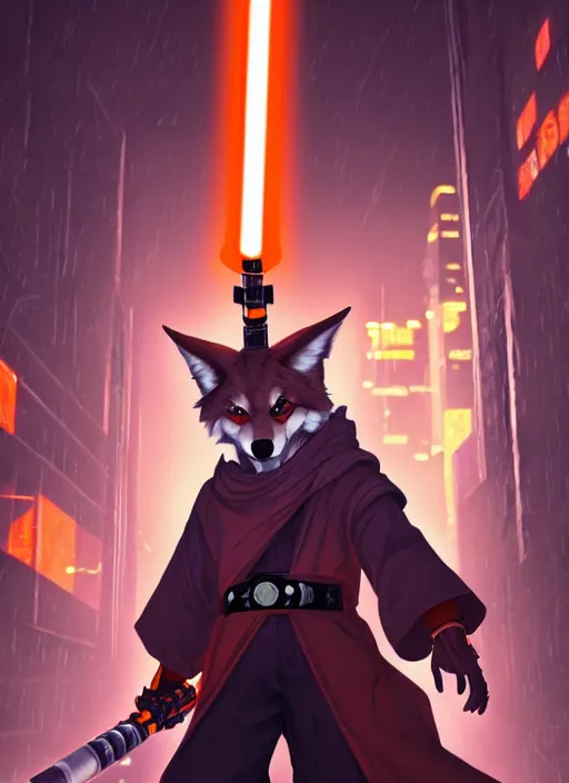 Image similar to character portrait of a anthro coyote fursona wearing jedi robes wielding an orange lightsaber in a cyberpunk city at night while it rains. hidari, color page, tankoban, 4K, tone mapping, Akihiko Yoshida.